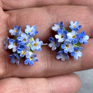 Vintage Denton Blue Flower Brooch Screw Back Earrings Set Bone China England
